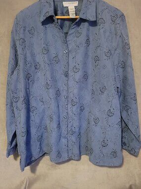 Vintage Sag Harbor Button Up Shirt Top Floral Embroidered Blue Chic 1X